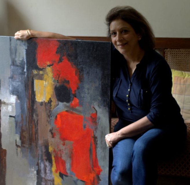 Meenakshi Wadhwa with one of her recent works - 'Reflections' (Acrylic on Canvas)